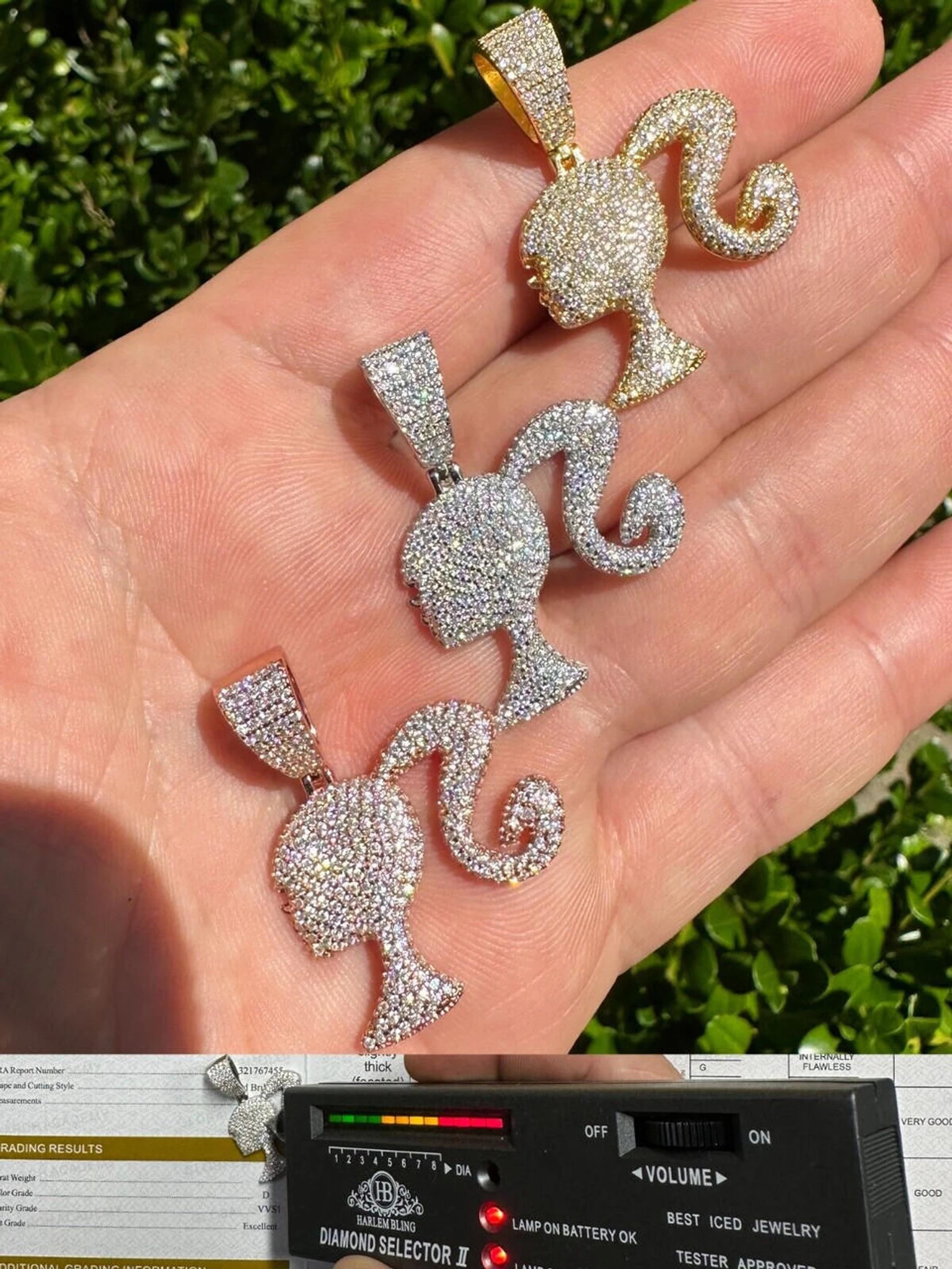 Real MOISSANITE 925 Silver Barbie Doll Pendant Necklace 14k Gold Plated Iced 3 Real MOISSANITE 925 Silver Barbie Doll Pendant Necklace 14k Gold Plated Iced