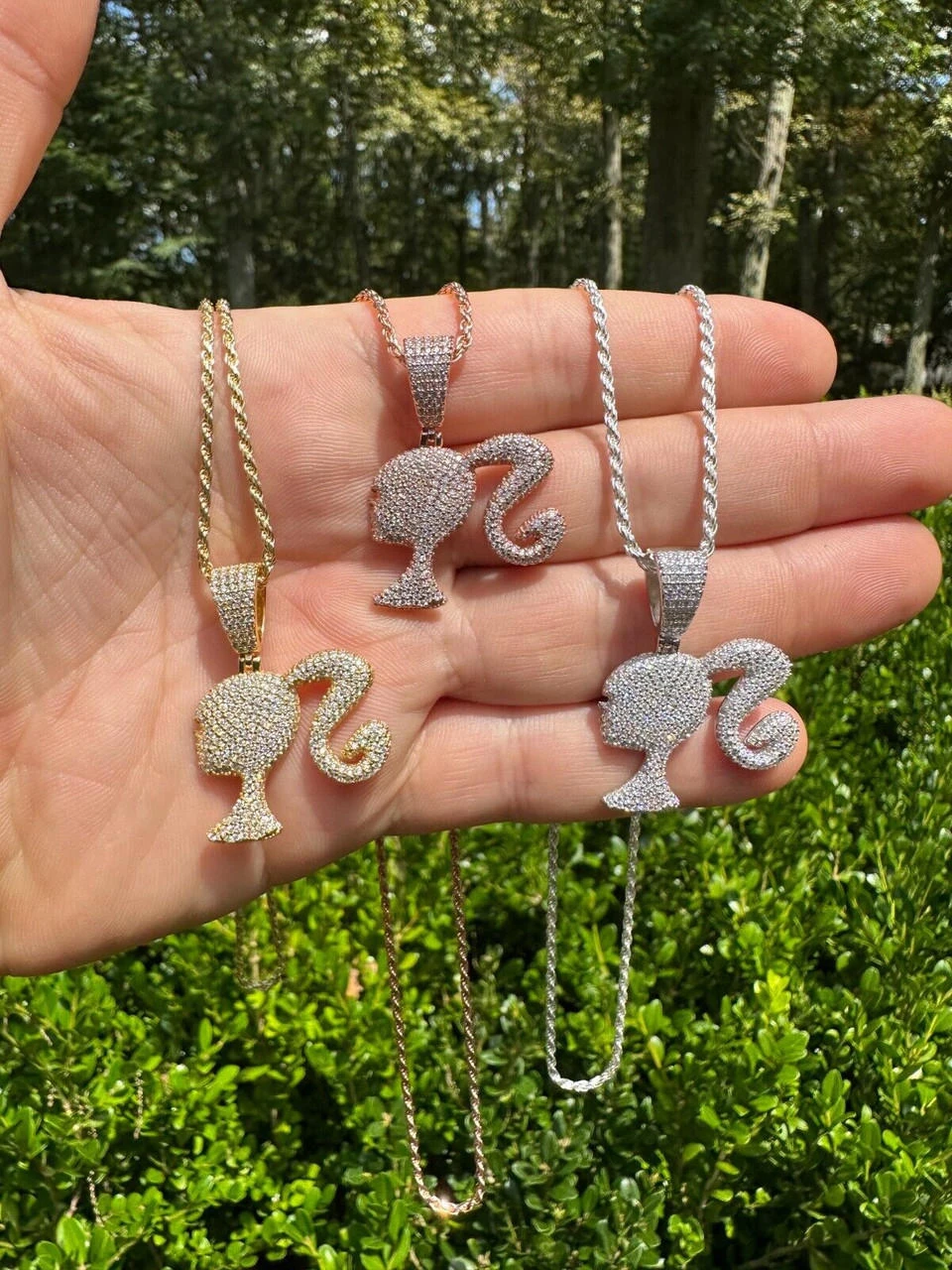 Real MOISSANITE 925 Silver Barbie Doll Pendant Necklace 14k Gold Plated Iced 4 Real MOISSANITE 925 Silver Barbie Doll Pendant Necklace 14k Gold Plated Iced - Image 2