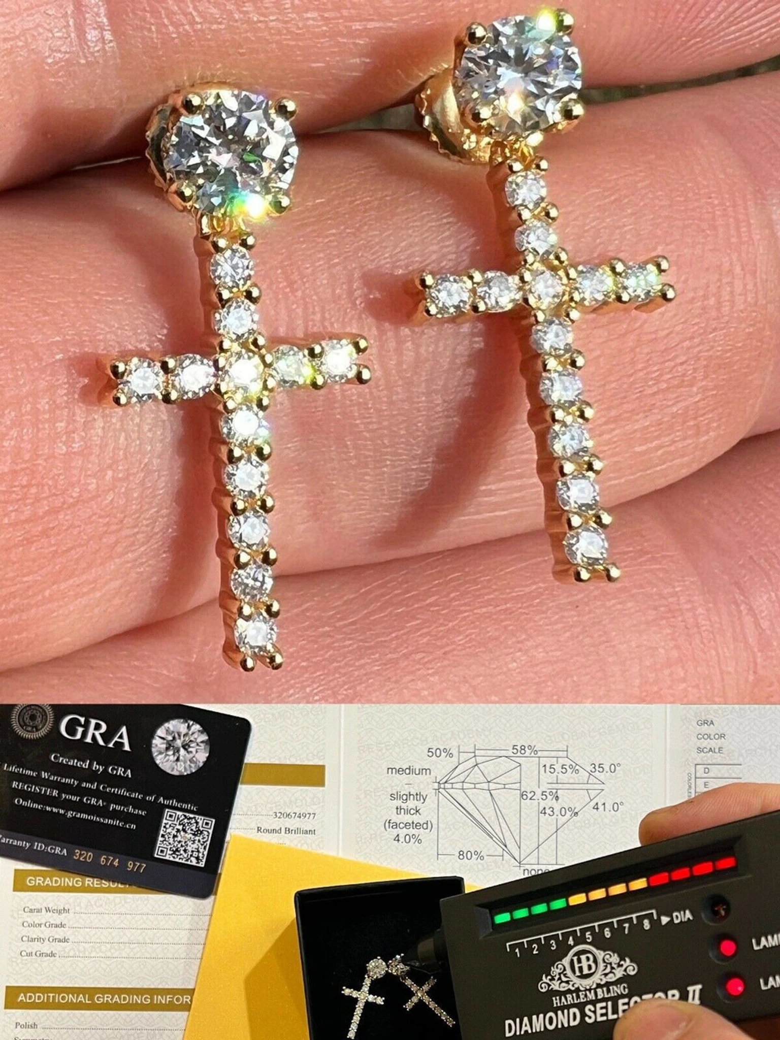 Real MOISSANITE Gold Vermeil Dangle Cross Studs Earrings Iced Pass Diamond Test 3 Real MOISSANITE Gold Vermeil Dangle Cross Studs Earrings Iced Pass Diamond Test