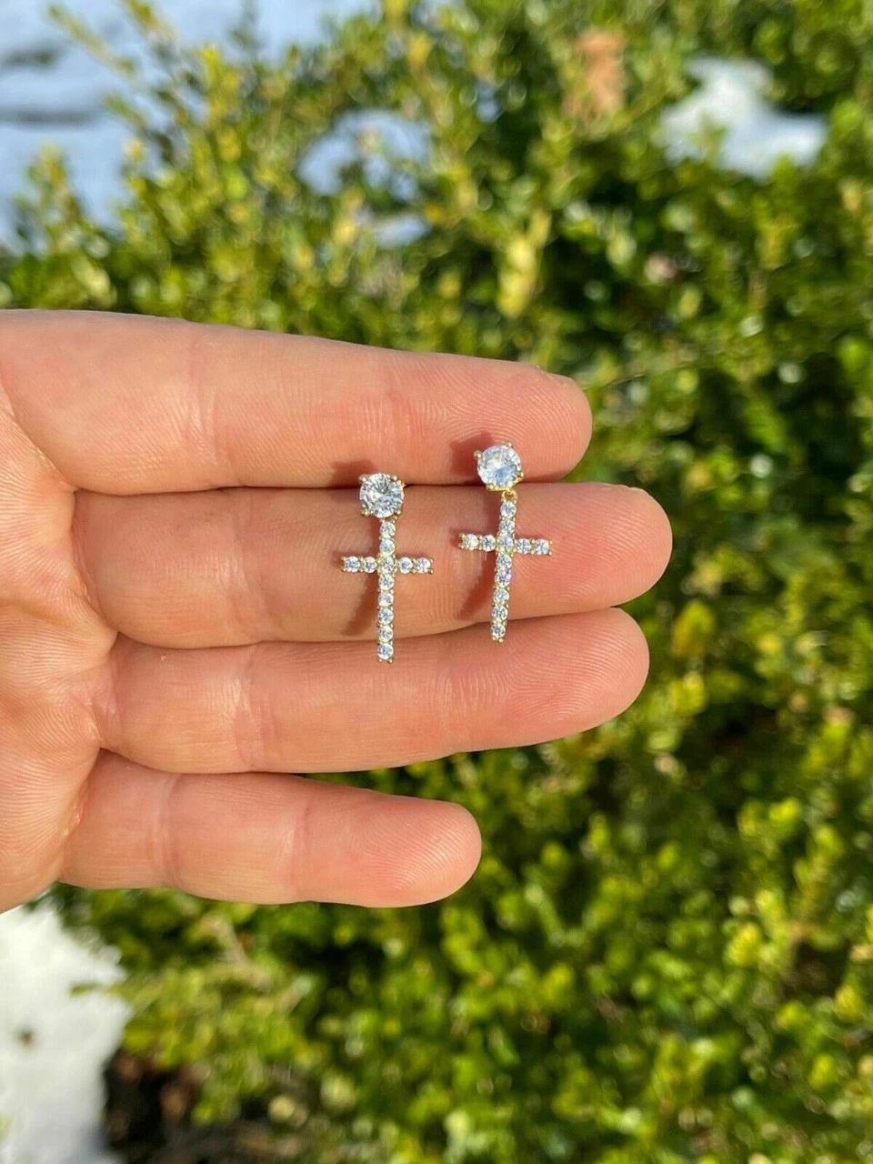 Real MOISSANITE Gold Vermeil Dangle Cross Studs Earrings Iced Pass Diamond Test 9 Real MOISSANITE Gold Vermeil Dangle Cross Studs Earrings Iced Pass Diamond Test - Image 7