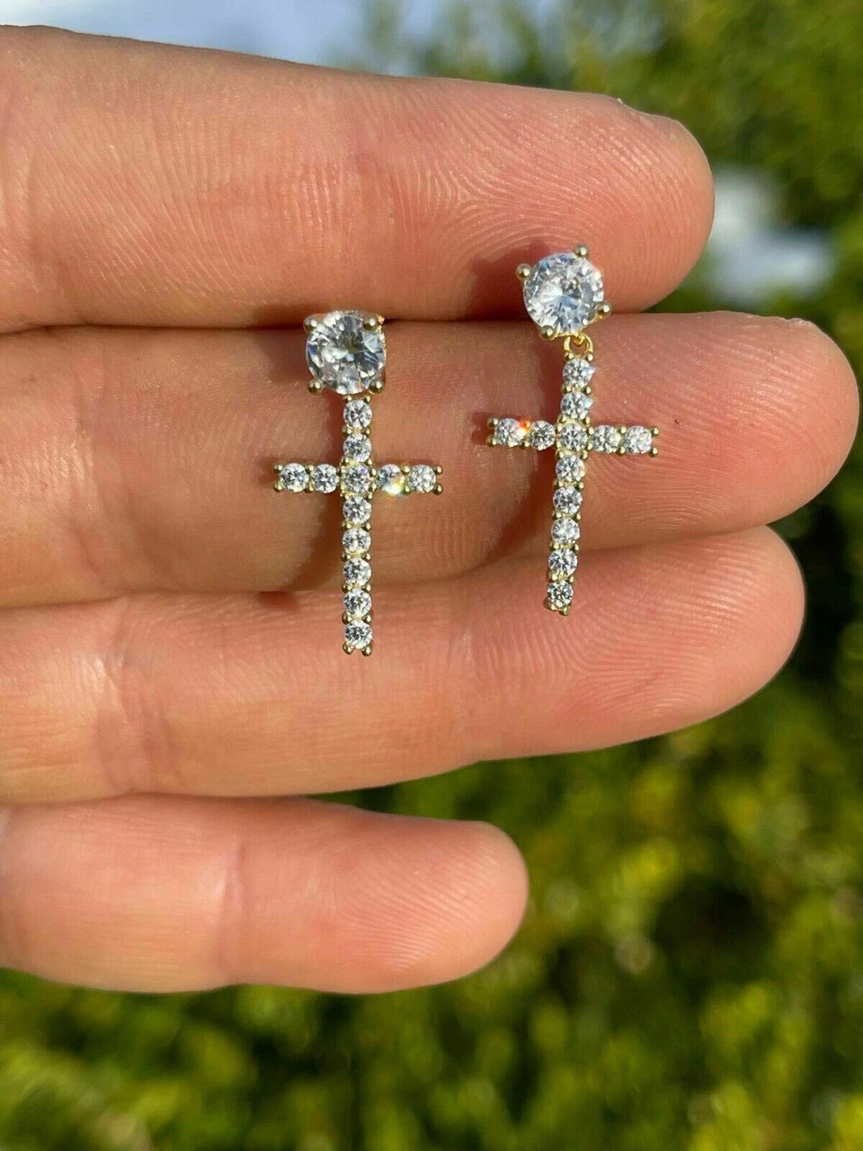 Real MOISSANITE Gold Vermeil Dangle Cross Studs Earrings Iced Pass Diamond Test 4 Real MOISSANITE Gold Vermeil Dangle Cross Studs Earrings Iced Pass Diamond Test - Image 2