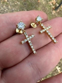 Real MOISSANITE Gold Vermeil Dangle Cross Studs Earrings Iced Pass Diamond Test 16 Real MOISSANITE Gold Vermeil Dangle Cross Studs Earrings Iced Pass Diamond Test -Harlem Bling Shop harlembling real moissanite gold vermeil dangle cross studs earrings iced pass diamond test 69912.1664362025