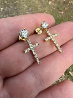 Real MOISSANITE Gold Vermeil Dangle Cross Studs Earrings Iced Pass Diamond Test 21 Real MOISSANITE Gold Vermeil Dangle Cross Studs Earrings Iced Pass Diamond Test -Harlem Bling Shop harlembling real moissanite gold vermeil dangle cross studs earrings iced pass diamond test 73330.1664357779