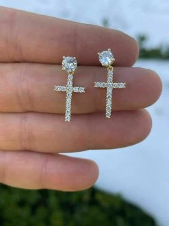 Real MOISSANITE Gold Vermeil Dangle Cross Studs Earrings Iced Pass Diamond Test 23 Real MOISSANITE Gold Vermeil Dangle Cross Studs Earrings Iced Pass Diamond Test -Harlem Bling Shop harlembling real moissanite gold vermeil dangle cross studs earrings iced pass diamond test 98683.1664360103