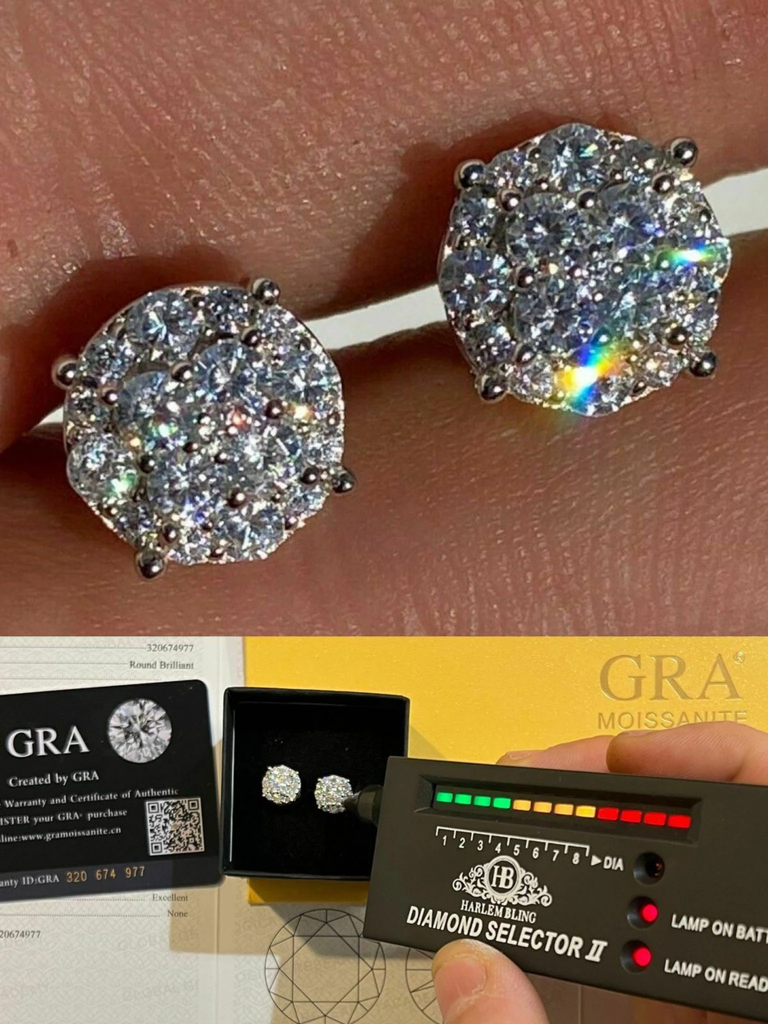 Real MOISSANITE Iced Hip Hop Mens Earrings Cluster Round Studs Pass Diamond Test 3 Real MOISSANITE Iced Hip Hop Mens Earrings Cluster Round Studs Pass Diamond Test