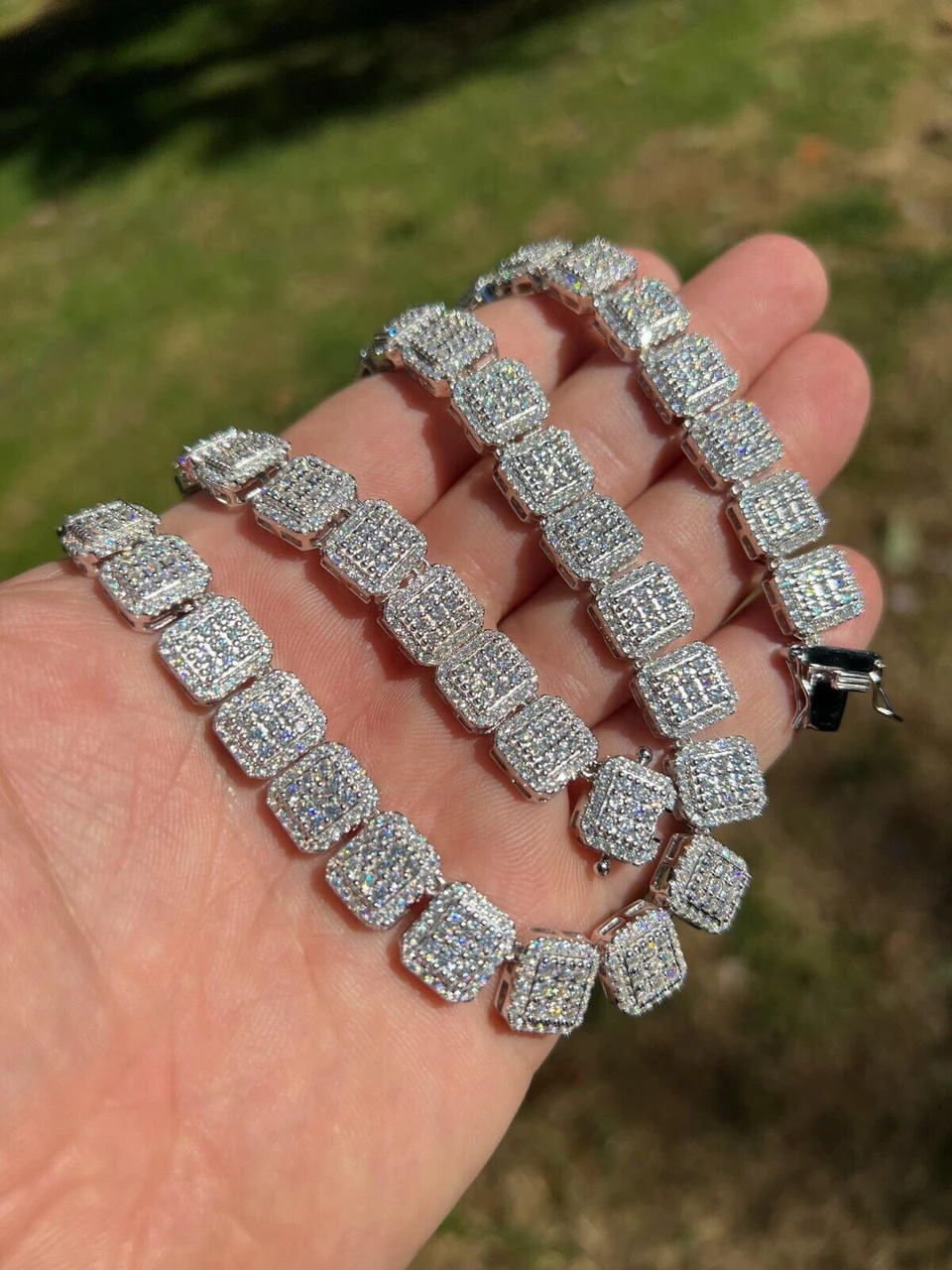 Real MOISSANITE Iced Silver Custom Square Link Chain Pass Diamond Test 18-30" 4 Real MOISSANITE Iced Silver Custom Square Link Chain Pass Diamond Test 18-30" - Image 2