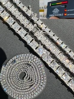 REAL MOISSANITE Iced Square Princess Cut Tennis Chain Necklace 925 Silver 3-5mm