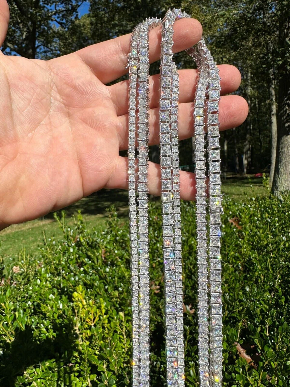 REAL MOISSANITE Iced Square Princess Cut Tennis Chain Necklace 925 Silver 3-5mm 4 REAL MOISSANITE Iced Square Princess Cut Tennis Chain Necklace 925 Silver 3-5mm - Image 2