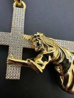 Real MOISSANITE Jesus Carrying Cross Pendant Iced Necklace 14k Gold & 925 Silver -Harlem Bling Shop harlembling real moissanite jesus carrying cross pendant iced necklace 14k gold and 925 silver 12190.1698463875