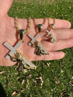 Real MOISSANITE Jesus Carrying Cross Pendant Iced Necklace 14k Gold & 925 Silver -Harlem Bling Shop harlembling real moissanite jesus carrying cross pendant iced necklace 14k gold and 925 silver 39448.1698463810