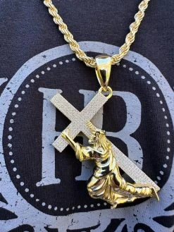 Real MOISSANITE Jesus Carrying Cross Pendant Iced Necklace 14k Gold & 925 Silver -Harlem Bling Shop harlembling real moissanite jesus carrying cross pendant iced necklace 14k gold and 925 silver 50226.1698463807