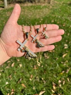 Real MOISSANITE Jesus Carrying Cross Pendant Iced Necklace 14k Gold & 925 Silver -Harlem Bling Shop harlembling real moissanite jesus carrying cross pendant iced necklace 14k gold and 925 silver 53500.1698463853