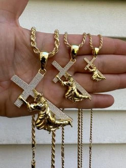 Real MOISSANITE Jesus Carrying Cross Pendant Iced Necklace 14k Gold & 925 Silver -Harlem Bling Shop harlembling real moissanite jesus carrying cross pendant iced necklace 14k gold and 925 silver 63116.1698463829