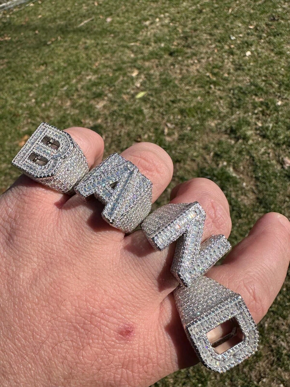 Real MOISSANITE Large Initial Letter Ring Iced Baguette Hip Hop 925 Silver A-Z 4 Real MOISSANITE Large Initial Letter Ring Iced Baguette Hip Hop 925 Silver A-Z - Image 2