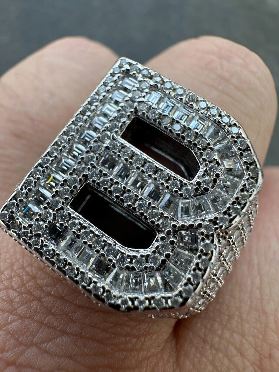 Real MOISSANITE Large Initial Letter Ring Iced Baguette Hip Hop 925 Silver A-Z 9 Real MOISSANITE Large Initial Letter Ring Iced Baguette Hip Hop 925 Silver A-Z - Image 7