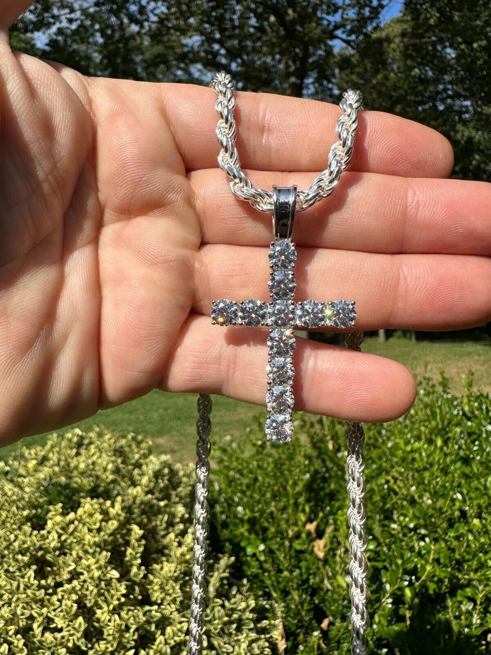 Real MOISSANITE Solid 10k White Gold Iced Tennis Cross Pendant Necklace 5 Sizes 21 Real MOISSANITE Solid 10k White Gold Iced Tennis Cross Pendant Necklace 5 Sizes - Image 19