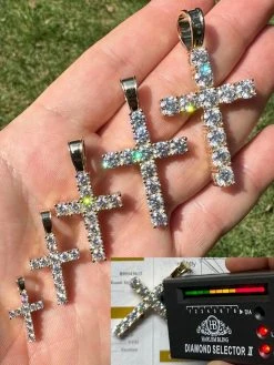 Real MOISSANITE Solid 10k Yellow Gold Iced Tennis Cross Pendant Necklace 5 Sizes