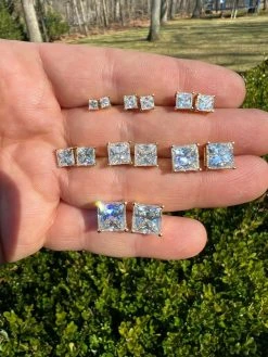 Real MOISSANITE Square Princess Stud Earrings 14k Gold Vermeil Pass Diamond Test -Harlem Bling Shop harlembling real moissanite square princess stud earrings 14k gold vermeil pass diamond test 10590.1664360500