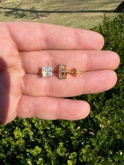 Real MOISSANITE Square Princess Stud Earrings 14k Gold Vermeil Pass Diamond Test -Harlem Bling Shop harlembling real moissanite square princess stud earrings 14k gold vermeil pass diamond test 34463.1664360502