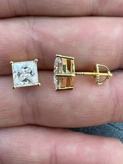 Real MOISSANITE Square Princess Stud Earrings 14k Gold Vermeil Pass Diamond Test -Harlem Bling Shop harlembling real moissanite square princess stud earrings 14k gold vermeil pass diamond test 74019.1664355945