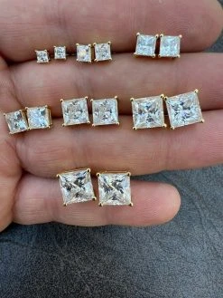 Real MOISSANITE Square Princess Stud Earrings 14k Gold Vermeil Pass Diamond Test -Harlem Bling Shop harlembling real moissanite square princess stud earrings 14k gold vermeil pass diamond test 87586.1664357288
