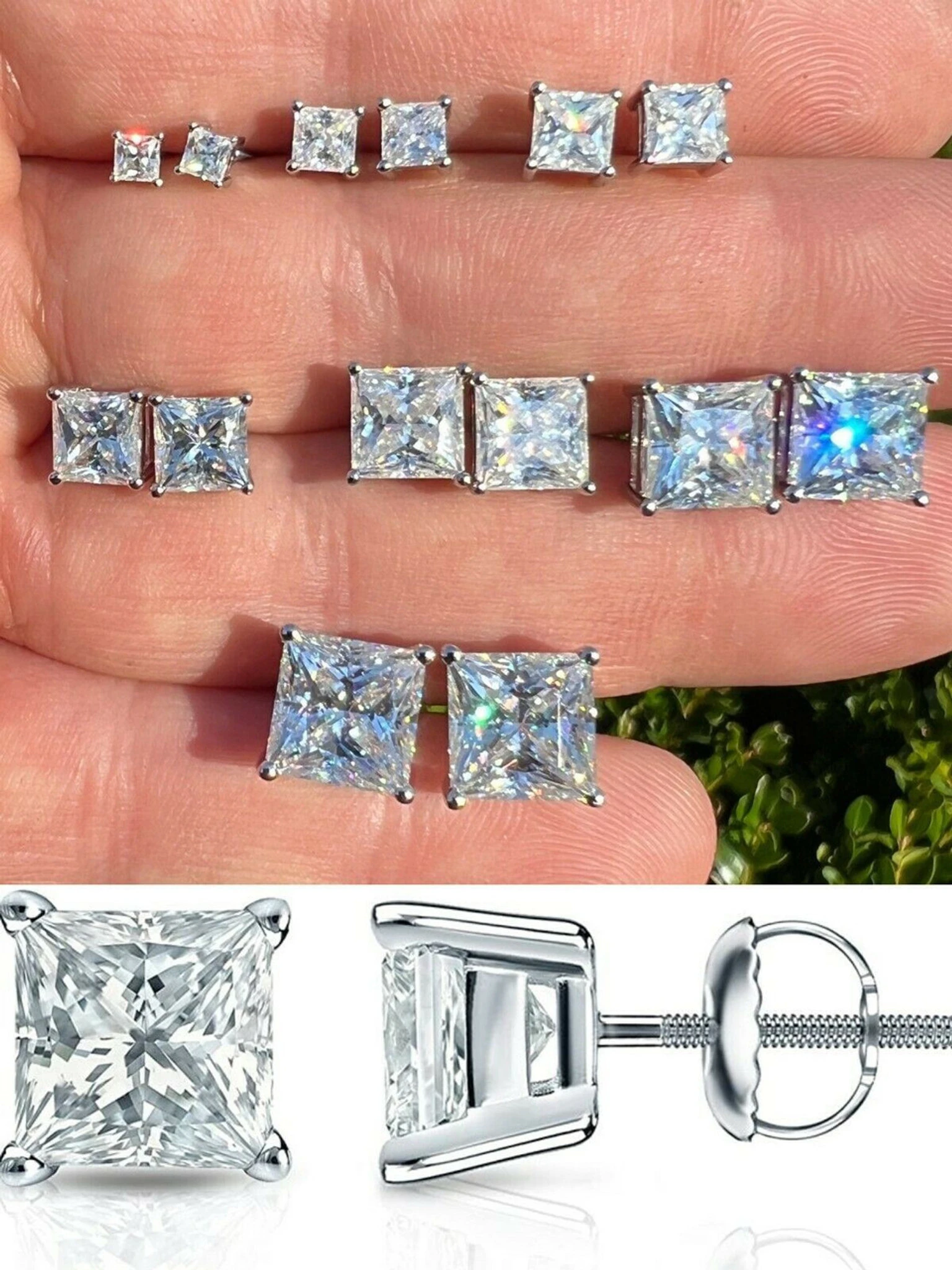 Real MOISSANITE Square Princess Stud Earrings 925 Silver Passes Diamond Tester 3 Real MOISSANITE Square Princess Stud Earrings 925 Silver Passes Diamond Tester