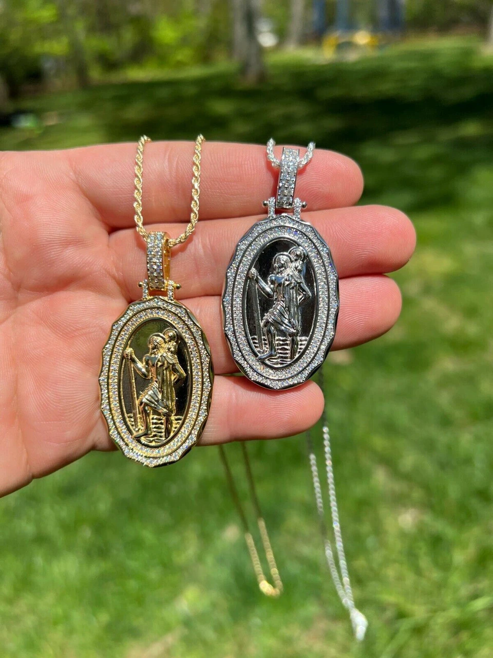 Real Moissanite St Christopher Necklace Pendant Iced Medallion Pass Diamond Test 4 Real Moissanite St Christopher Necklace Pendant Iced Medallion Pass Diamond Test - Image 2
