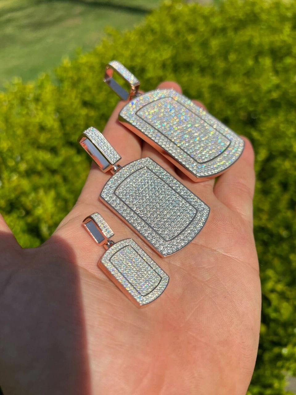 Real MOISSANITE Stone 14k Rose Gold Vermeil Dog Tag Iced HipHop Pendant Necklace 4 Real MOISSANITE Stone 14k Rose Gold Vermeil Dog Tag Iced HipHop Pendant Necklace - Image 2
