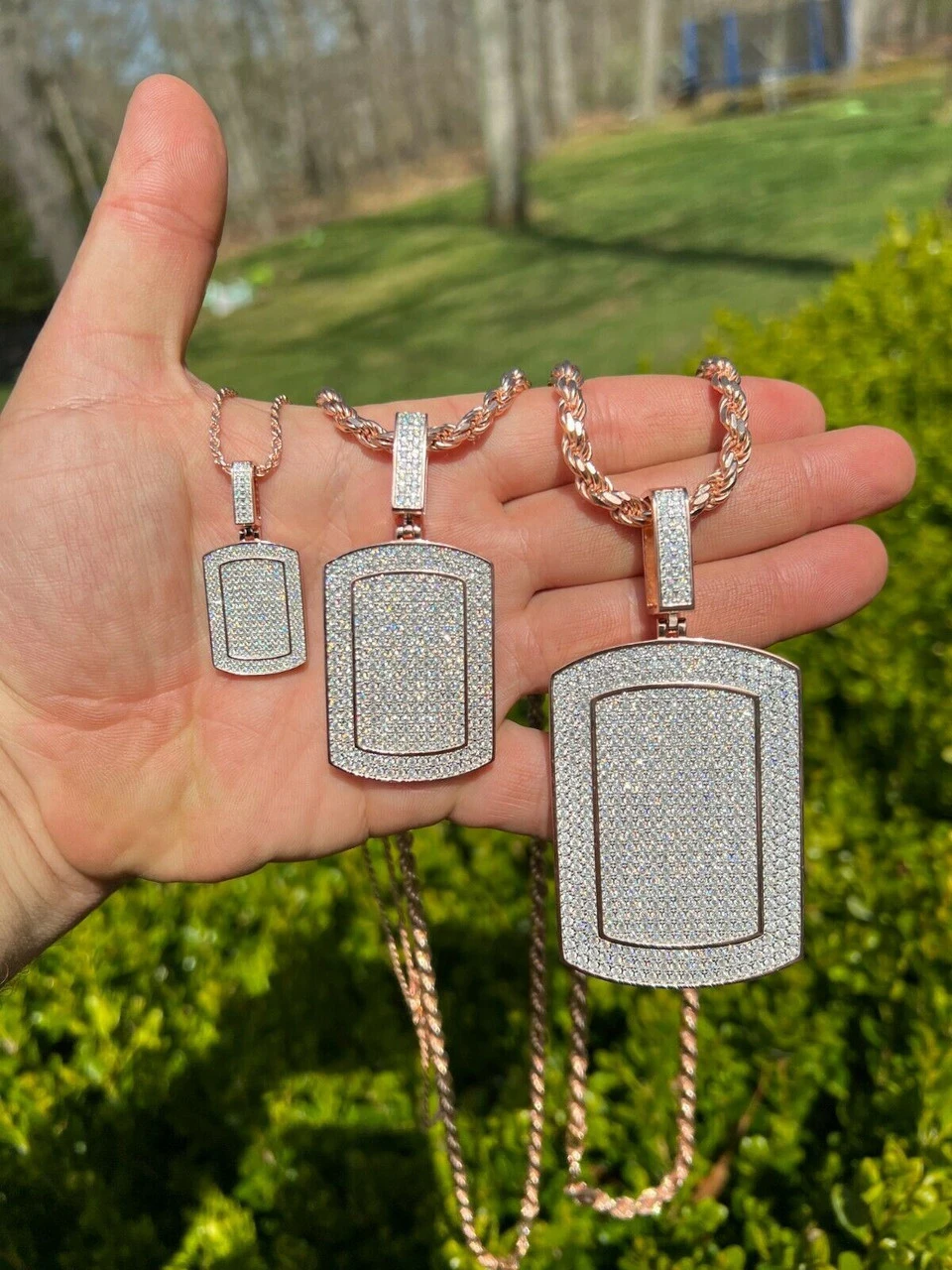 Real MOISSANITE Stone 14k Rose Gold Vermeil Dog Tag Iced HipHop Pendant Necklace 14 Real MOISSANITE Stone 14k Rose Gold Vermeil Dog Tag Iced HipHop Pendant Necklace - Image 12