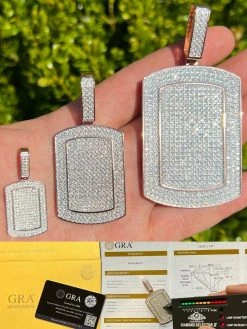 Real MOISSANITE Stone 14k Rose Gold Vermeil Dog Tag Iced HipHop Pendant Necklace