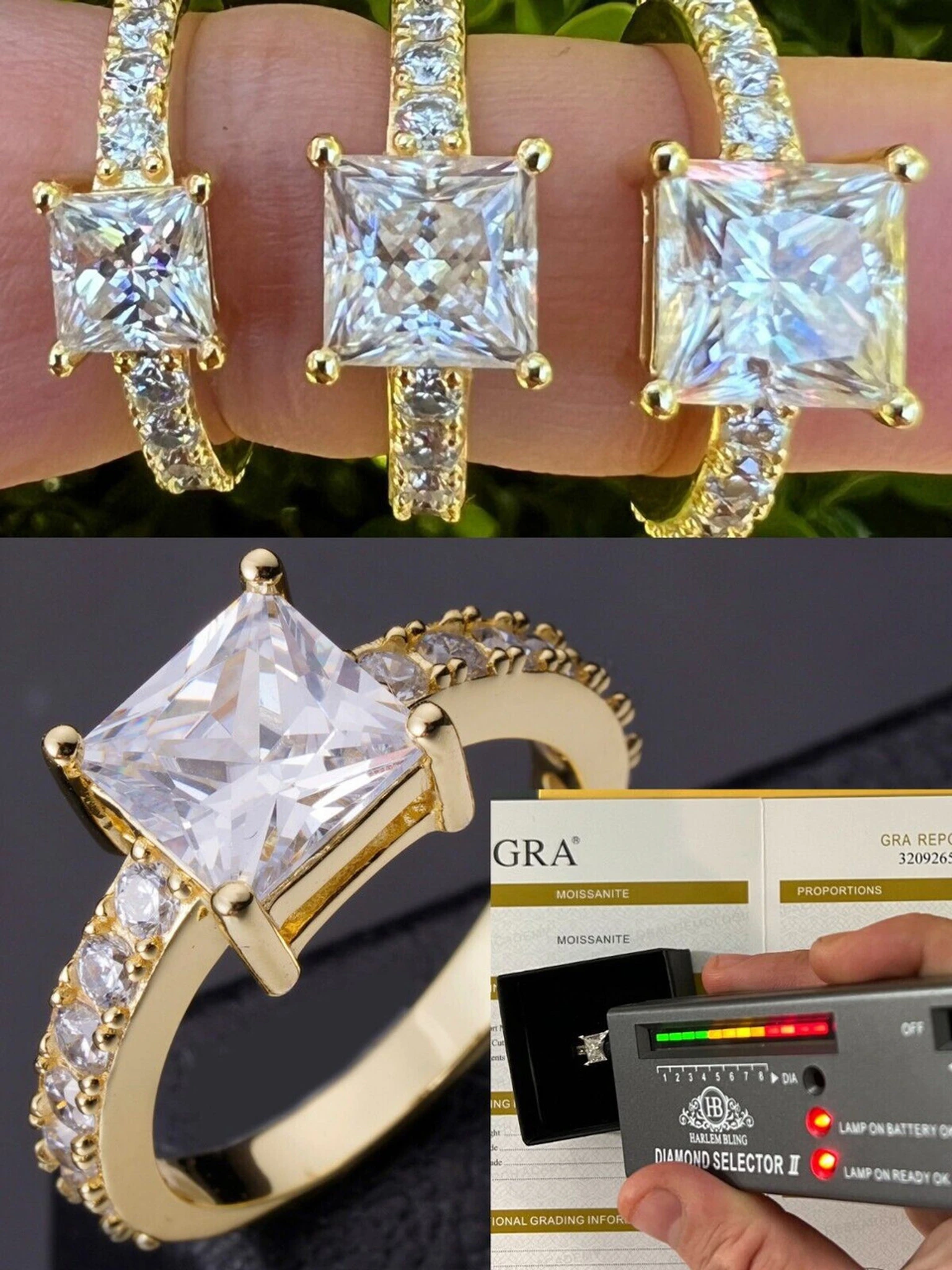 Real Princess Cut MOISSANITE Engagement Promise Ring 14k Gold Plated 925 Silver 3 Real Princess Cut MOISSANITE Engagement Promise Ring 14k Gold Plated 925 Silver