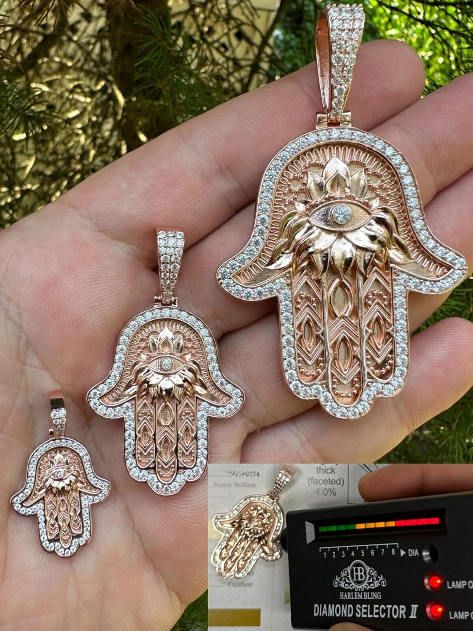 Real Rose Gold & 925 Sterling Silver Hamsa Evil Eye Hand Iced MOISSANITE Pendant 3 Real Rose Gold & 925 Sterling Silver Hamsa Evil Eye Hand Iced MOISSANITE Pendant