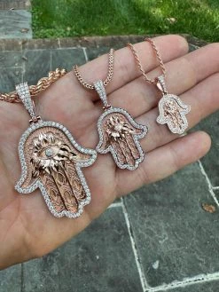 Real Rose Gold & 925 Sterling Silver Hamsa Evil Eye Hand Iced MOISSANITE Pendant 32 Real Rose Gold & 925 Sterling Silver Hamsa Evil Eye Hand Iced MOISSANITE Pendant -Harlem Bling Shop harlembling real rose gold and 925 sterling silver hamsa evil eye hand iced moissanite pendant 34404.1694222431
