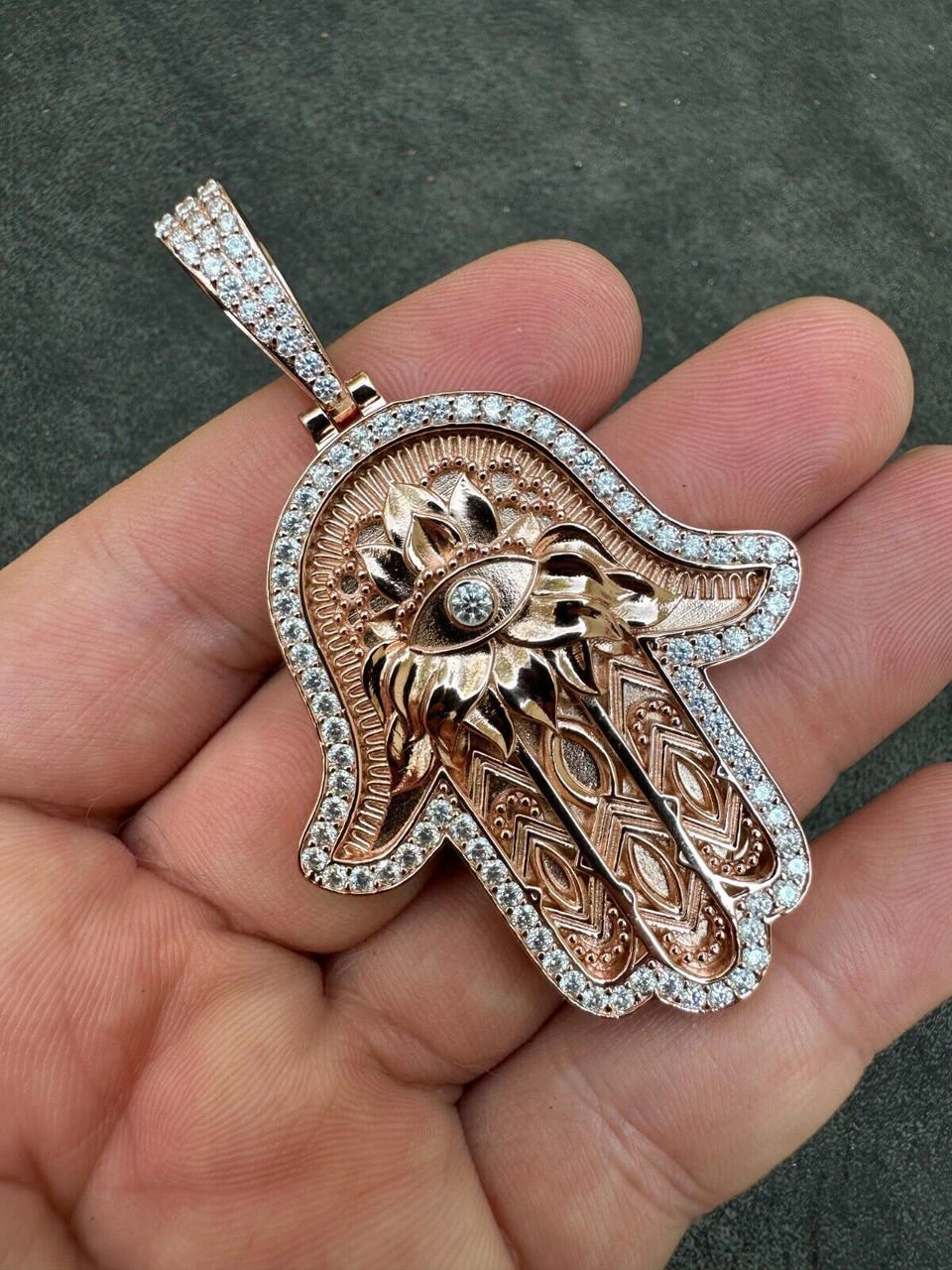 Real Rose Gold & 925 Sterling Silver Hamsa Evil Eye Hand Iced MOISSANITE Pendant 5 Real Rose Gold & 925 Sterling Silver Hamsa Evil Eye Hand Iced MOISSANITE Pendant - Image 3