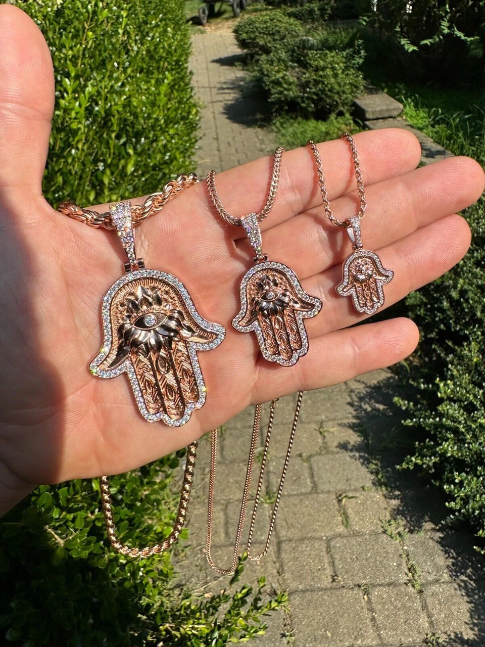 Real Rose Gold & 925 Sterling Silver Hamsa Evil Eye Hand Iced MOISSANITE Pendant 4 Real Rose Gold & 925 Sterling Silver Hamsa Evil Eye Hand Iced MOISSANITE Pendant - Image 2