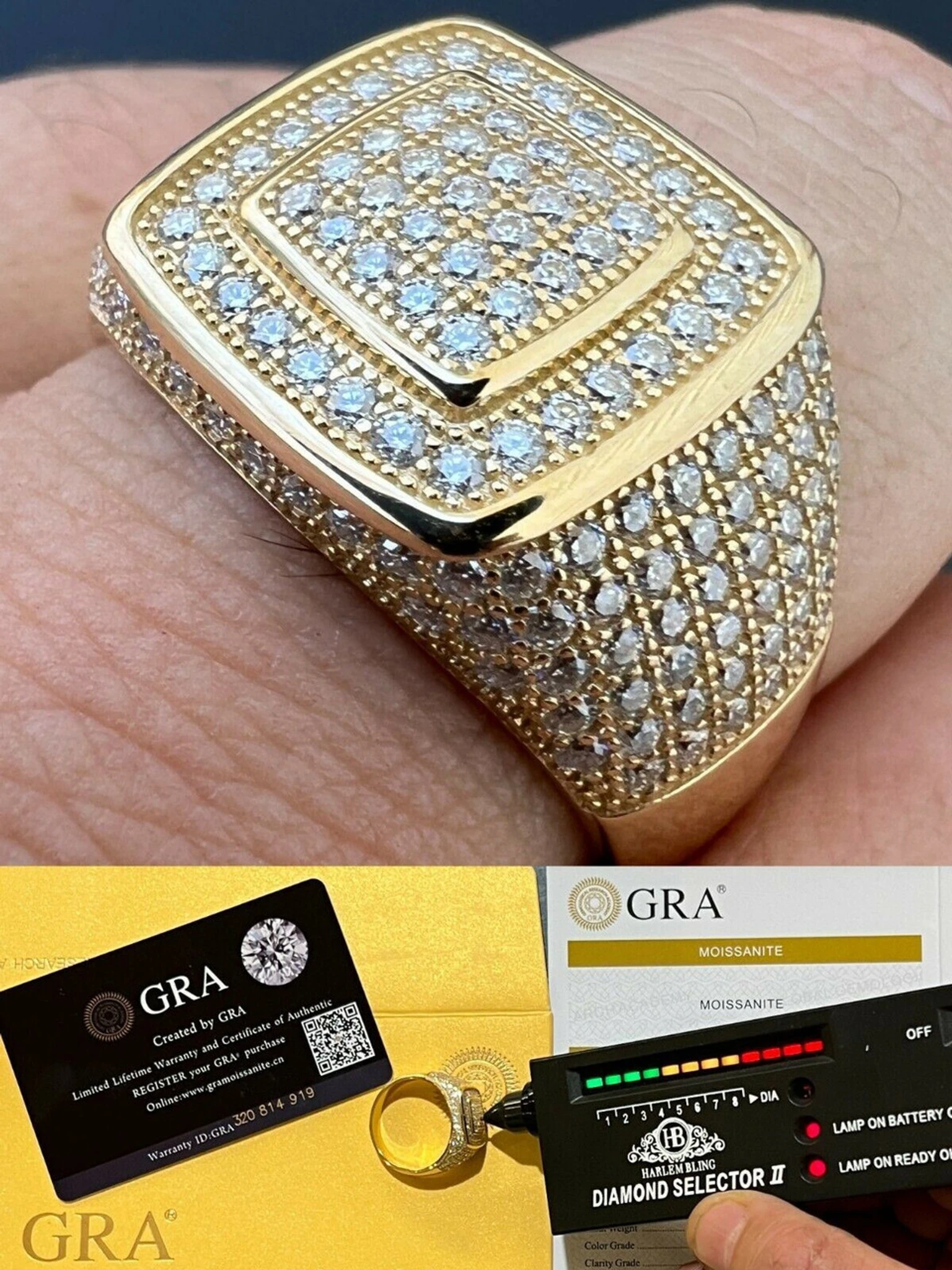 Real Solid 10k Gold Men's Hip Hop Iced Moissanite Ring - Passes Diamond Tester 3 Real Solid 10k Gold Men's Hip Hop Iced Moissanite Ring - Passes Diamond Tester