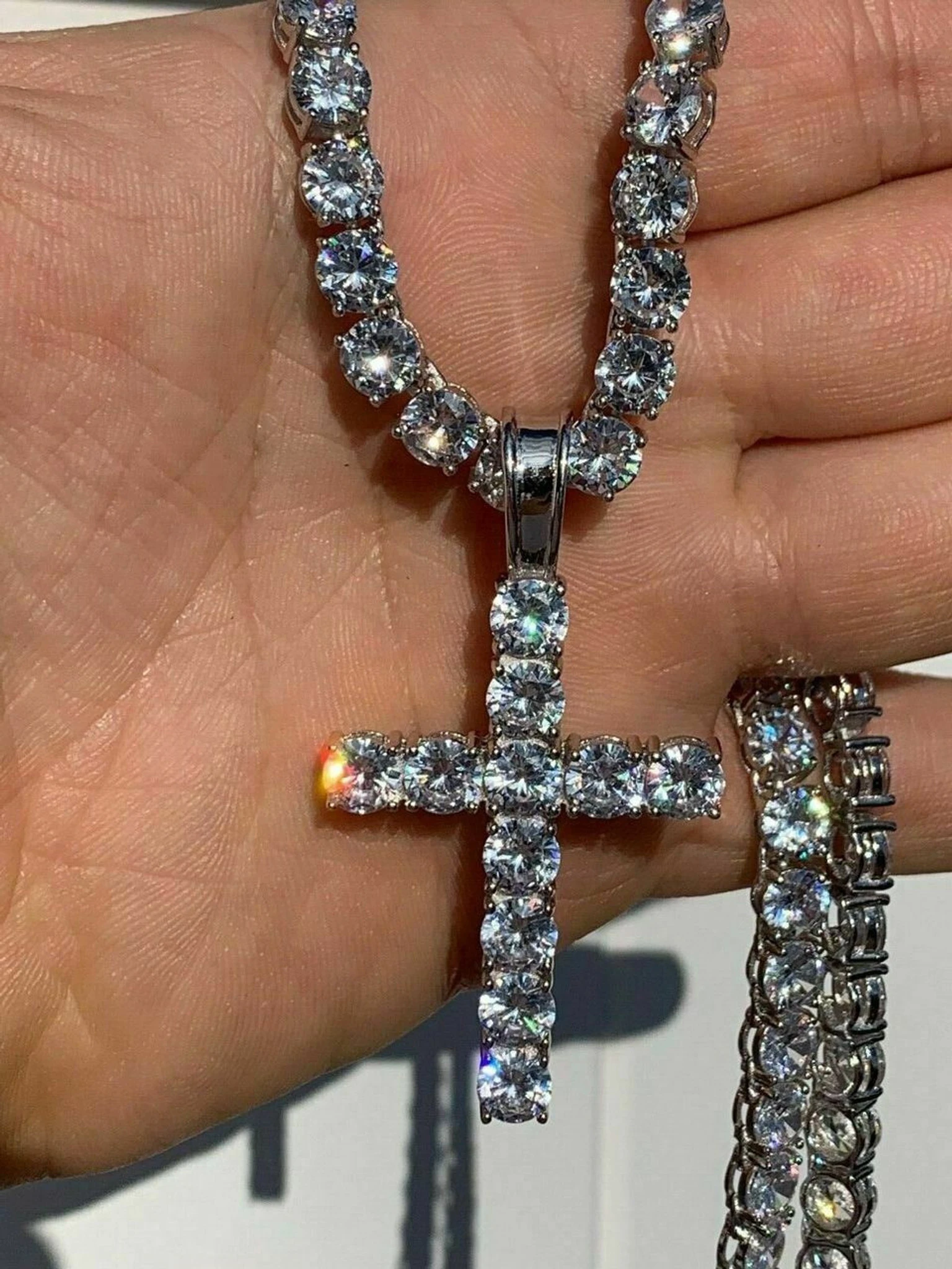 Real Solid 925 Silver 6mm Single Row Tennis Chain W. Cross Icy Bust Down HEAVY 3 Real Solid 925 Silver 6mm Single Row Tennis Chain W. Cross Icy Bust Down HEAVY