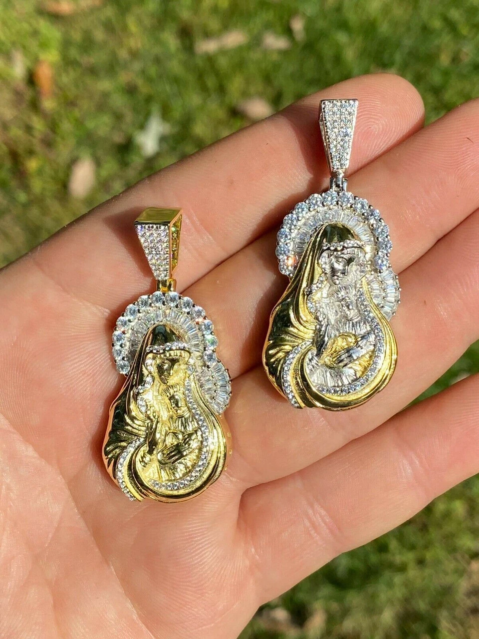 Real Solid 925 Silver & 14k Gold Virgin Mary Iced Diamond Pendant Mens Hip Hop 5 Real Solid 925 Silver & 14k Gold Virgin Mary Iced Diamond Pendant Mens Hip Hop - Image 3