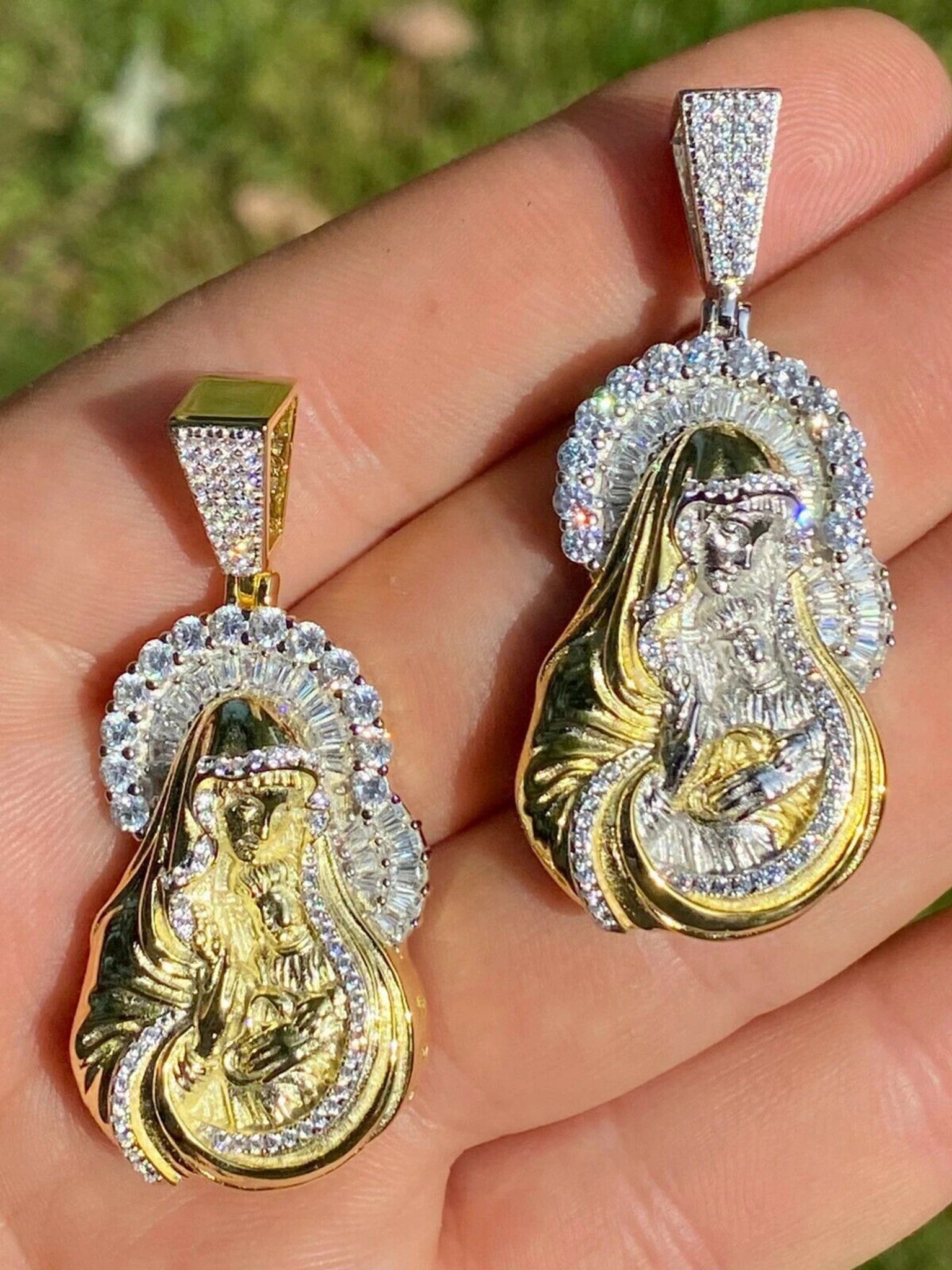 Real Solid 925 Silver & 14k Gold Virgin Mary Iced Diamond Pendant Mens Hip Hop 3 Real Solid 925 Silver & 14k Gold Virgin Mary Iced Diamond Pendant Mens Hip Hop