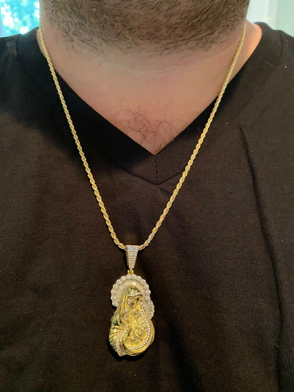 Real Solid 925 Silver & 14k Gold Virgin Mary Iced Diamond Pendant Mens Hip Hop 6 Real Solid 925 Silver & 14k Gold Virgin Mary Iced Diamond Pendant Mens Hip Hop - Image 4