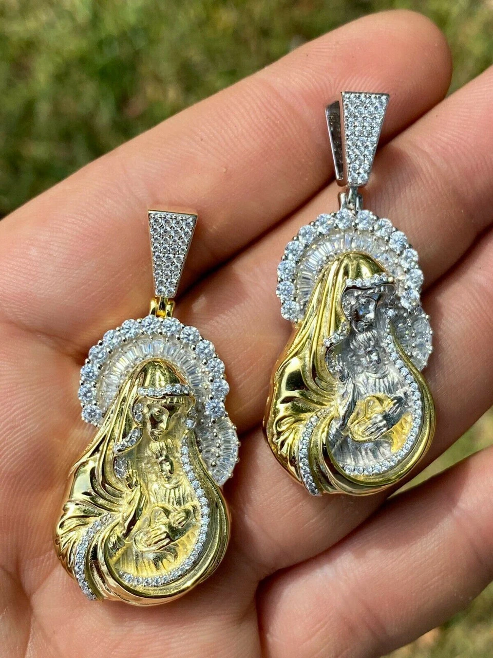 Real Solid 925 Silver & 14k Gold Virgin Mary Iced Diamond Pendant Mens Hip Hop 4 Real Solid 925 Silver & 14k Gold Virgin Mary Iced Diamond Pendant Mens Hip Hop - Image 2