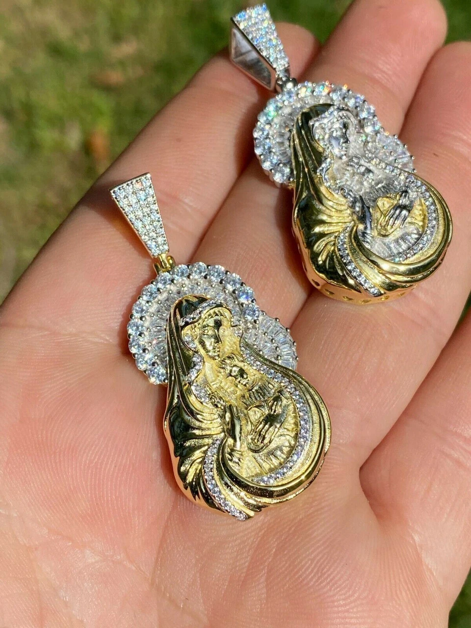 Real Solid 925 Silver & 14k Gold Virgin Mary Iced Diamond Pendant Mens Hip Hop 7 Real Solid 925 Silver & 14k Gold Virgin Mary Iced Diamond Pendant Mens Hip Hop - Image 5