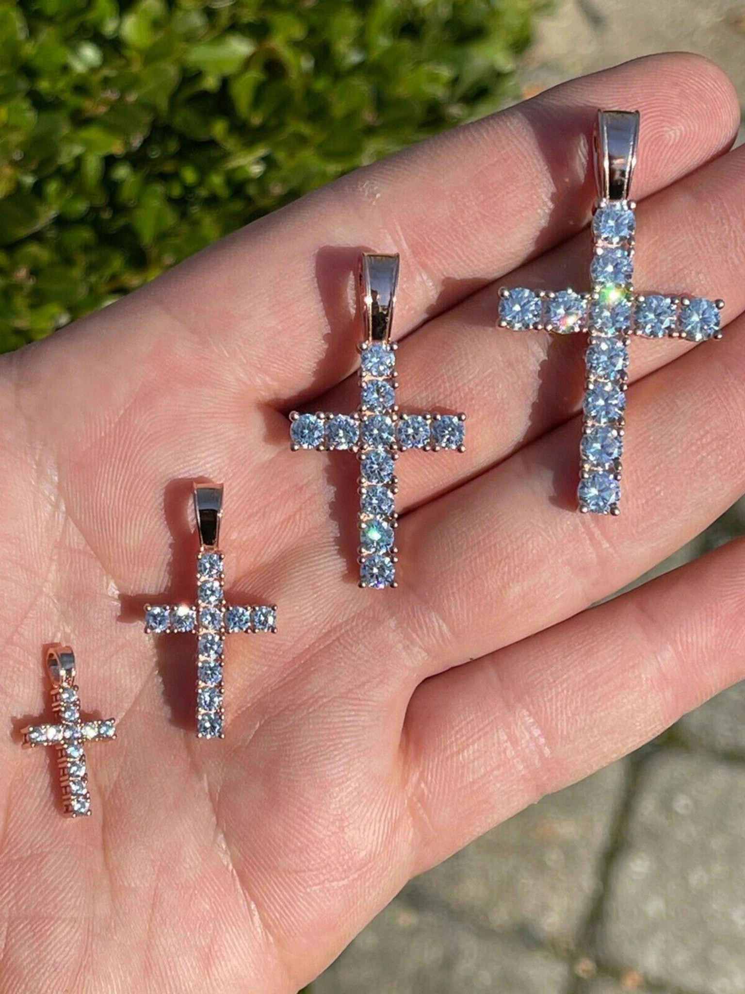 Real Solid 925 Silver & 14k Rose Gold Tennis Cross Pendant Diamond Iced Necklace 3 Real Solid 925 Silver & 14k Rose Gold Tennis Cross Pendant Diamond Iced Necklace