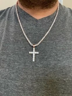 Real Solid 925 Silver & 14k Rose Gold Tennis Cross Pendant Diamond Iced Necklace 25 Real Solid 925 Silver & 14k Rose Gold Tennis Cross Pendant Diamond Iced Necklace -Harlem Bling Shop harlembling real solid 925 silver and 14k rose gold tennis cross pendant diamond iced necklace 53202.1664400211