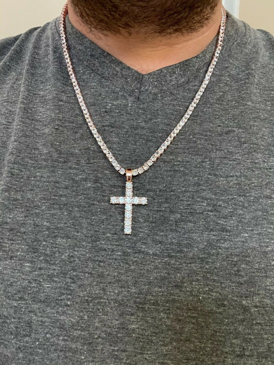 Real Solid 925 Silver & 14k Rose Gold Tennis Cross Pendant Diamond Iced Necklace 14 Real Solid 925 Silver & 14k Rose Gold Tennis Cross Pendant Diamond Iced Necklace - Image 12