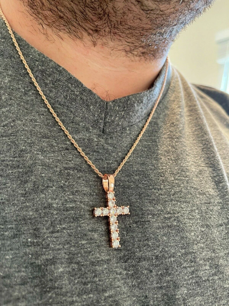Real Solid 925 Silver & 14k Rose Gold Tennis Cross Pendant Diamond Iced Necklace 6 Real Solid 925 Silver & 14k Rose Gold Tennis Cross Pendant Diamond Iced Necklace - Image 4