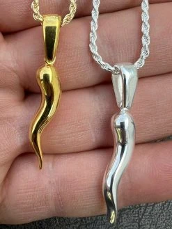 Real Solid 925 Silver / Gold Italian Cornicello Horn Pepper Pendant Necklace