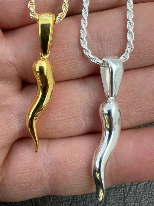 Real Solid 925 Silver / Gold Italian Cornicello Horn Pepper Pendant Necklace -Harlem Bling Shop harlembling real solid 925 silver gold italian cornicello horn pepper pendant necklace 60495.1664356008