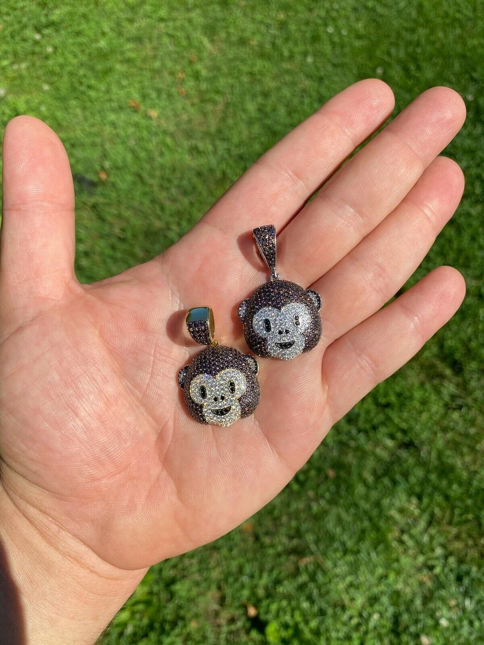 Real Solid 925 Silver Hip Hop Monkey Face Emoji Pendant Necklace Iced Gold 4 Real Solid 925 Silver Hip Hop Monkey Face Emoji Pendant Necklace Iced Gold - Image 2