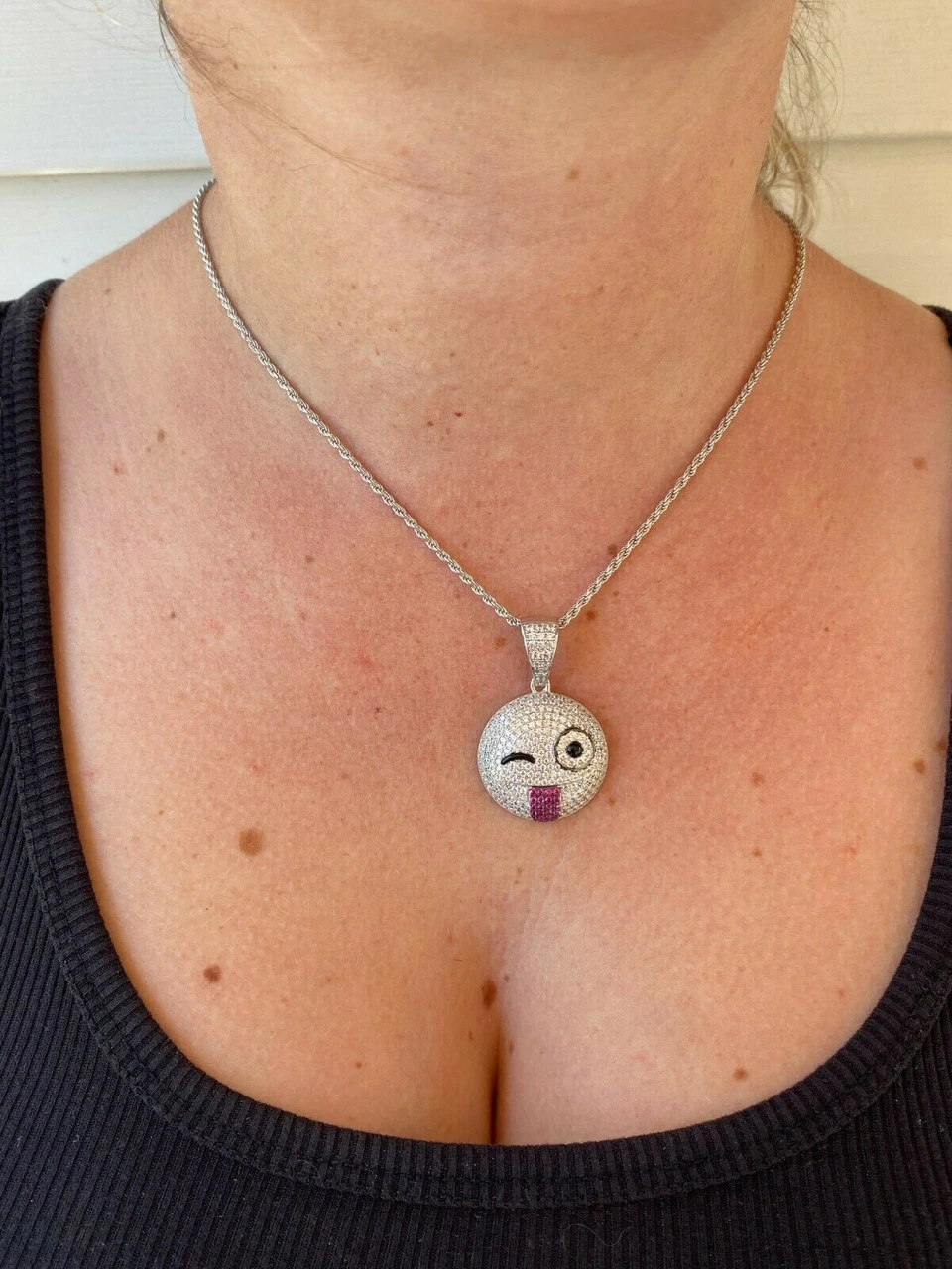 Real Solid 925 Silver Hip Hop Pendant Necklace Iced Wink Smiley Face Emoji 8 Real Solid 925 Silver Hip Hop Pendant Necklace Iced Wink Smiley Face Emoji - Image 6